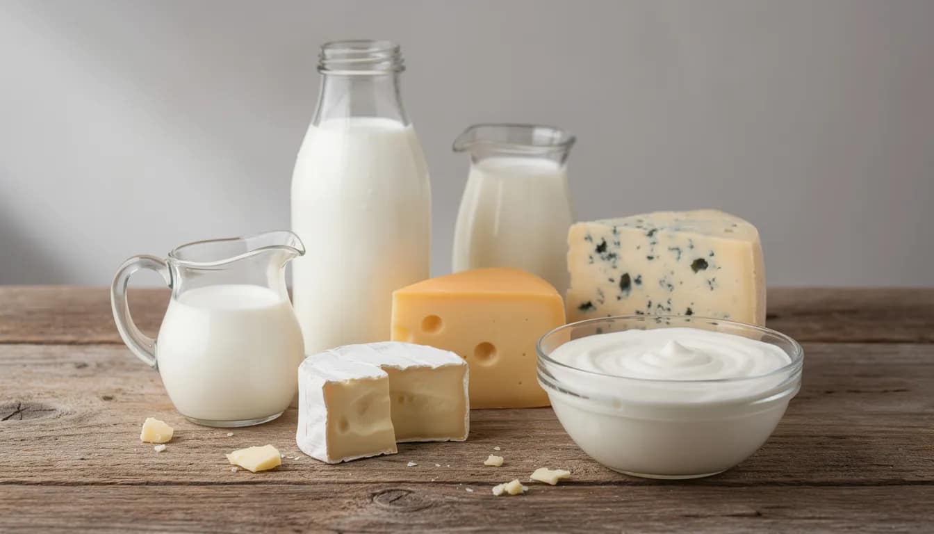 The image depicts a variety of dairy products, including milk, cheese, and yogurt, arranged on a rustic wooden table. These foods can be beneficial for digestive health, but individuals with lactose intolerance should be cautious due to potential digestive symptoms.