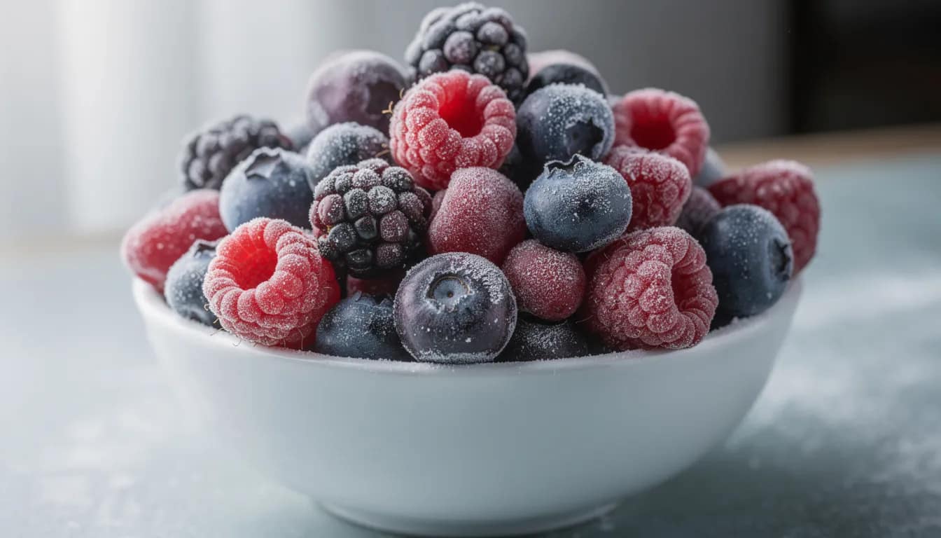 A bowl filled with a colorful mix of frozen blueberries, raspberries, and blackberries, glistening with frost on the surface, showcases a variety of essential nutrients. These berries, rich in vitamin C and antioxidants, can positively affect nutrient absorption and support overall health.