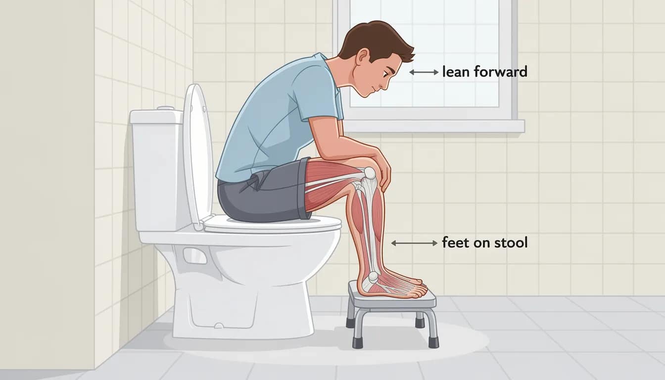 The illustration depicts a person sitting on a toilet in a forward-leaning position with their feet elevated on a small stool, promoting the ideal poop position for a healthy bowel movement. This posture can help relax the pelvic floor muscles and alleviate symptoms of constipation by reducing excessive straining.