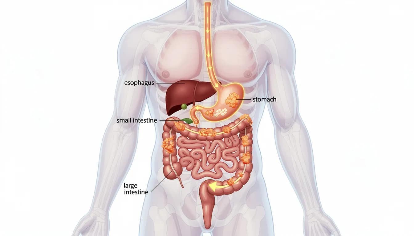 The image depicts the human digestive system, showcasing food moving through the intestines, highlighting the process of gastrointestinal motility. This visual representation illustrates how muscle contractions in the digestive tract facilitate gut function and influence gut motility.