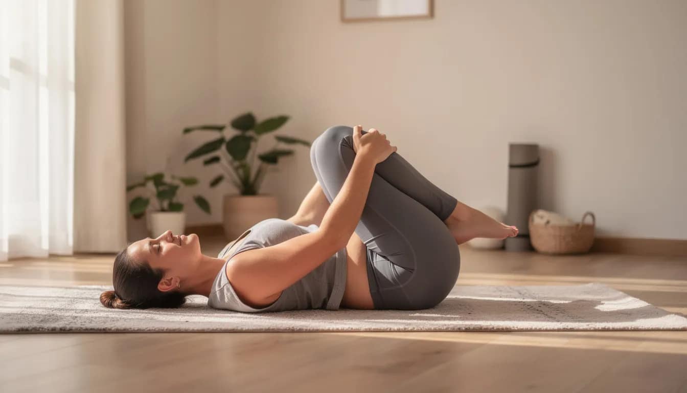 A person is performing a gentle yoga stretch on a mat, with their knees pulled toward their chest in a relaxed position, promoting digestive health and overall well-being. This pose, often referred to as the wind relieving pose, can help ease constipation and enhance gut health through deep breathing and relaxation.