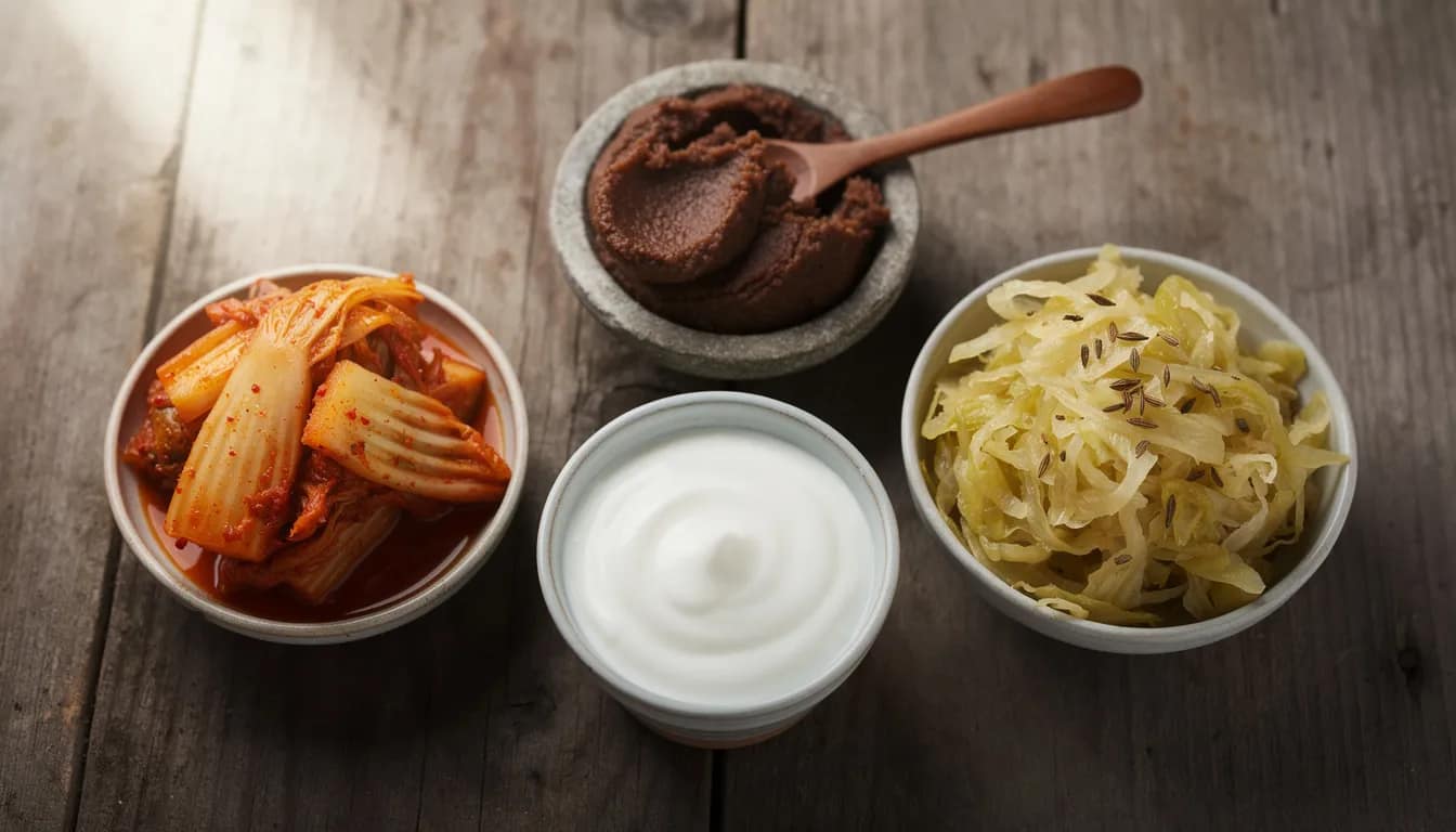 The image features an arrangement of various fermented foods, including yogurt, kimchi, sauerkraut, and miso, presented in small bowls, highlighting their role in promoting digestive health and supporting healthy gut bacteria. These foods are known to aid digestion and may help alleviate symptoms of digestive disorders like irritable bowel syndrome and inflammatory bowel disease.