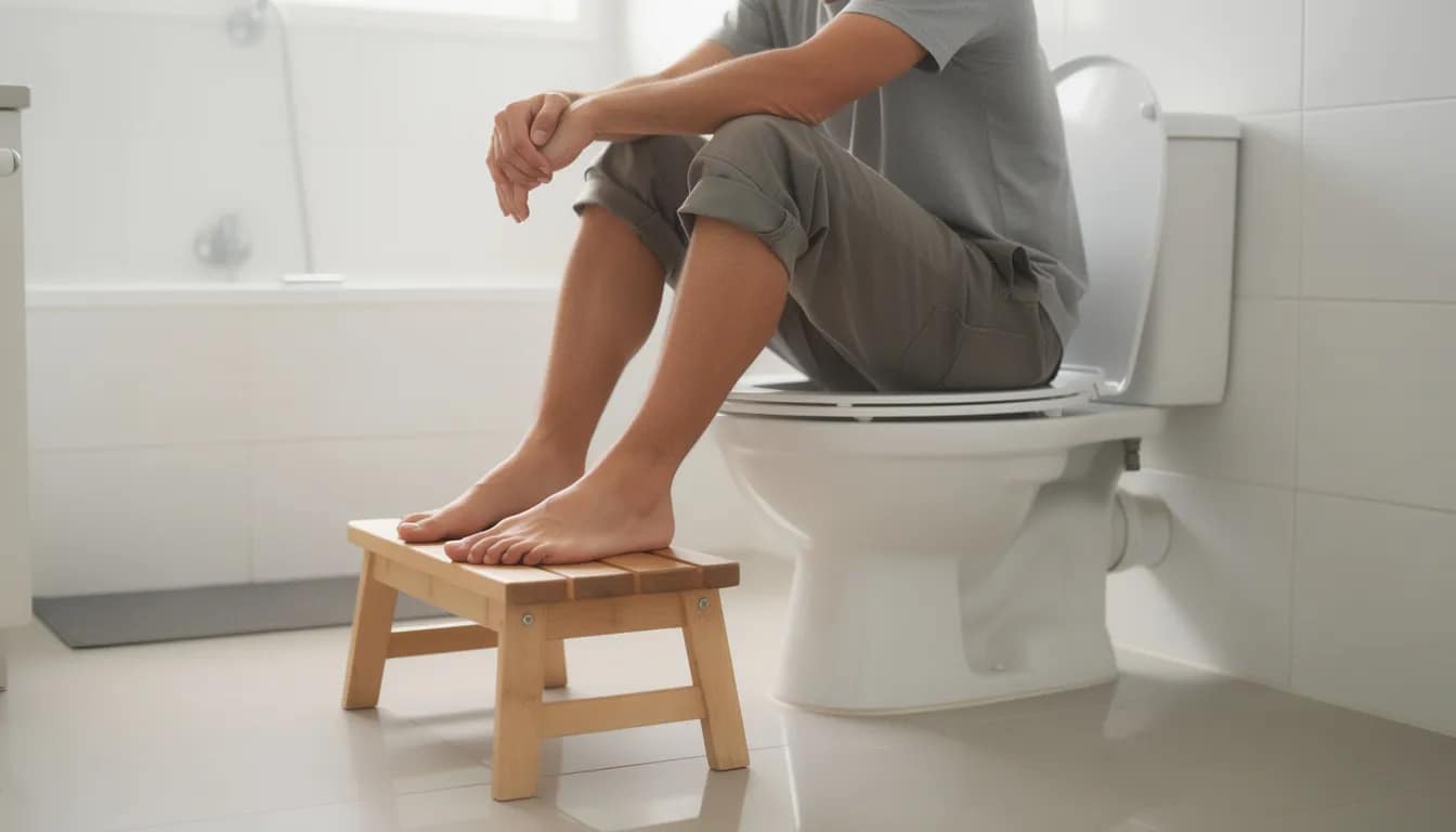 A person is sitting on a toilet with their feet elevated on a small wooden footstool, leaning forward in a relaxed posture, promoting bowel regularity and aiding in a comfortable bowel movement. This position can help relieve constipation and facilitate easier stool passage by mimicking a squatting position.