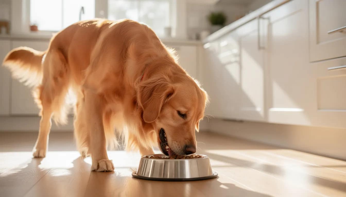 A joyful golden retriever is happily eating from a stainless steel food bowl in a bright and airy kitchen, promoting a healthy digestive system with its nutritious meal. The scene captures the essence of a happy pet enjoying its food, which supports healthy digestion and overall well-being.