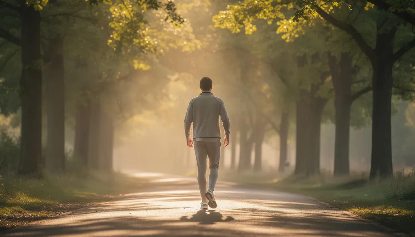 A person is walking along a tree-lined path bathed in morning light, dressed in comfortable athletic clothing. This serene setting promotes a sense of well-being, which can be beneficial for digestive health and regular bowel movements.