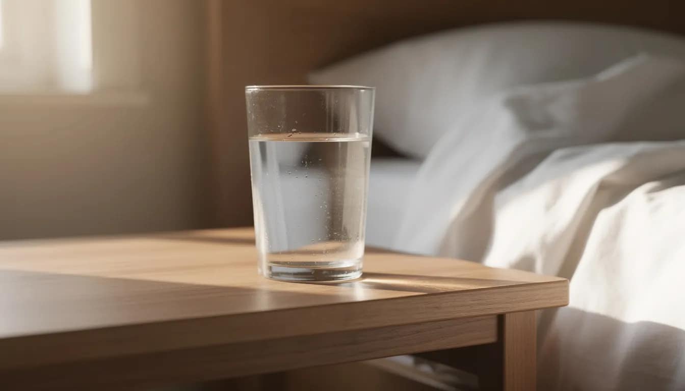A glass of water sits on a bedside table, illuminated by the gentle morning sunlight, symbolizing the importance of hydration for digestive health and regular bowel movements. This serene scene emphasizes the connection between proper hydration and the body's ability to ease constipation and support gut health.