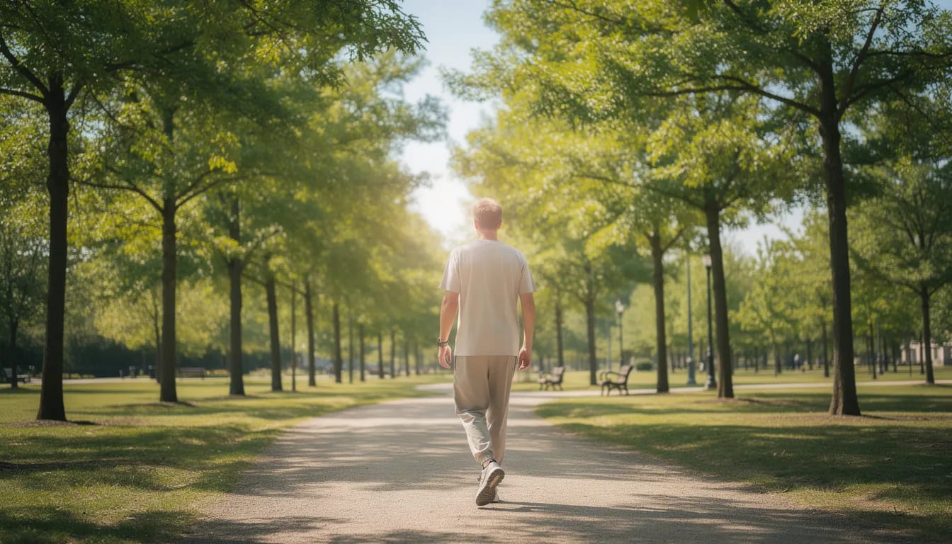 A person dressed in comfortable clothing strolls along a tree-lined path on a sunny day, enjoying the fresh air and the beauty of nature. This scene reflects a healthy lifestyle, which can aid digestion and promote overall digestive health.
