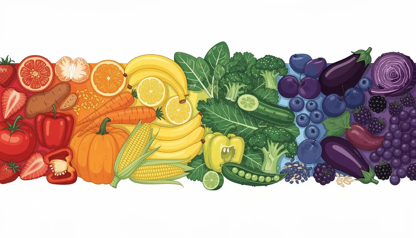 A vibrant cross-section illustration displays a variety of fresh fruits, vegetables, and grains arranged in a rainbow pattern, highlighting the importance of fiber-rich foods for digestive health. This colorful depiction emphasizes how a diverse diet can support gut health and provide essential nutrients for overall well-being.