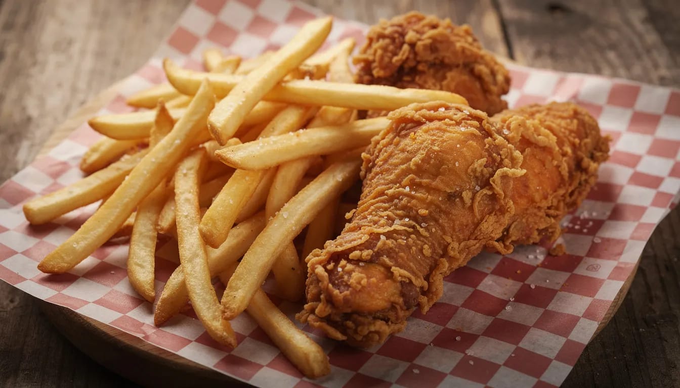 The image features golden, crispy French fries and juicy fried chicken pieces served on red and white checkered paper, evoking a classic fast-food experience. While these fried foods can be delicious, they may contribute to poor gut health and digestive issues if consumed excessively.