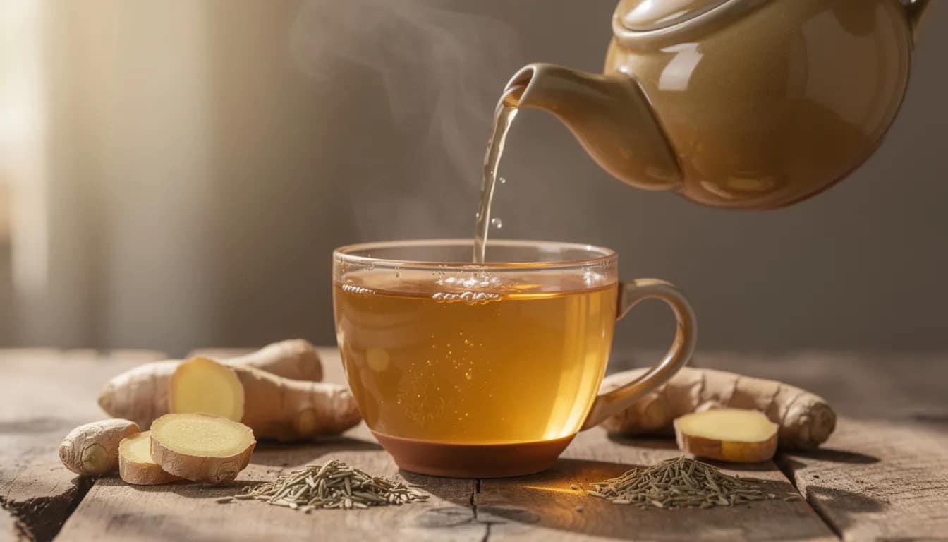 A ceramic teapot is pouring golden herbal tea into a cup, surrounded by fresh ginger root and scattered fennel seeds on a wooden surface, highlighting ingredients that support healthy digestion and aid the digestive system. The soothing tea offers a comforting remedy for occasional bloating and promotes a healthy gut.