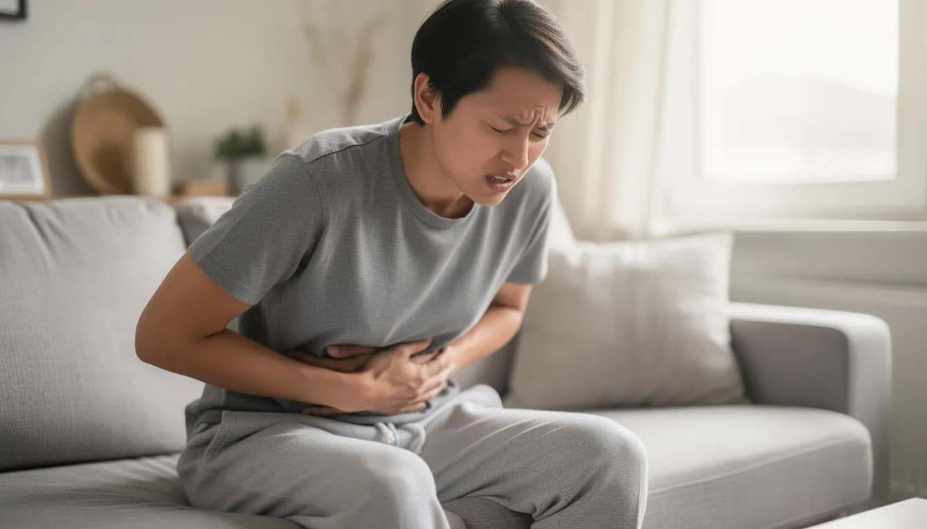 The image depicts a person sitting on a couch, clutching their stomach and displaying a pained expression, likely experiencing digestive problems such as stomach pain or bloating. This scene highlights the importance of understanding which foods to avoid, like fried foods and processed foods, to maintain digestive health and alleviate gastrointestinal symptoms.
