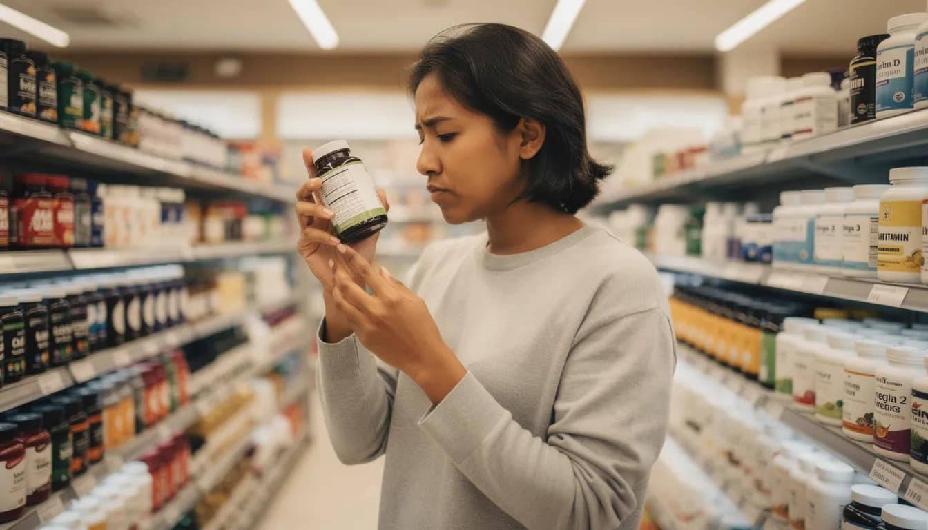 A person stands in a store aisle, thoughtfully reading the label on a bottle of digestive enzyme supplements, contemplating their potential benefits for gut health and digestion. The scene captures the importance of understanding dietary supplements for supporting the digestive system and overall well-being.