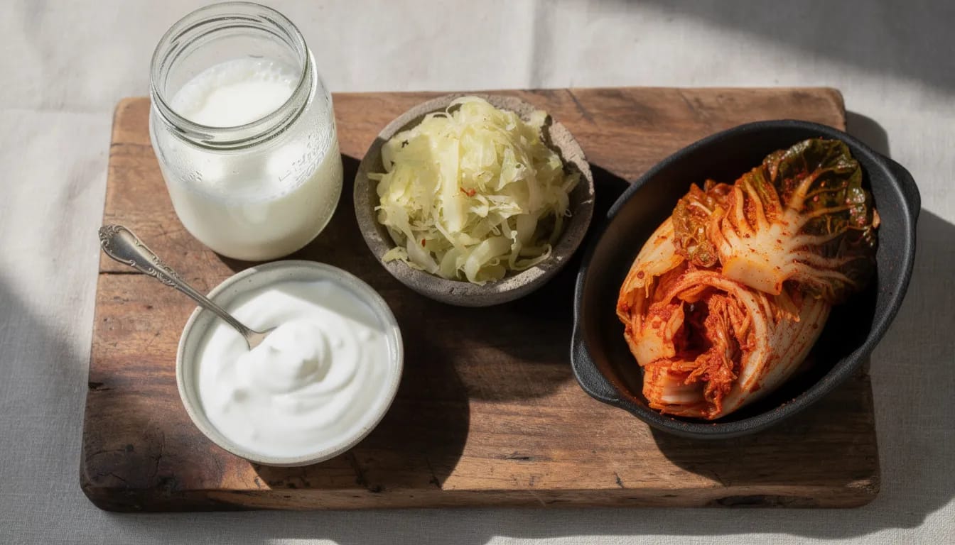 The image features a wooden board displaying an assortment of fermented foods, including yogurt, kefir, sauerkraut, and kimchi, which are known to promote digestive health and may help relieve symptoms of acid reflux and other digestive issues. The vibrant colors and textures of the foods highlight their beneficial properties for the digestive tract.