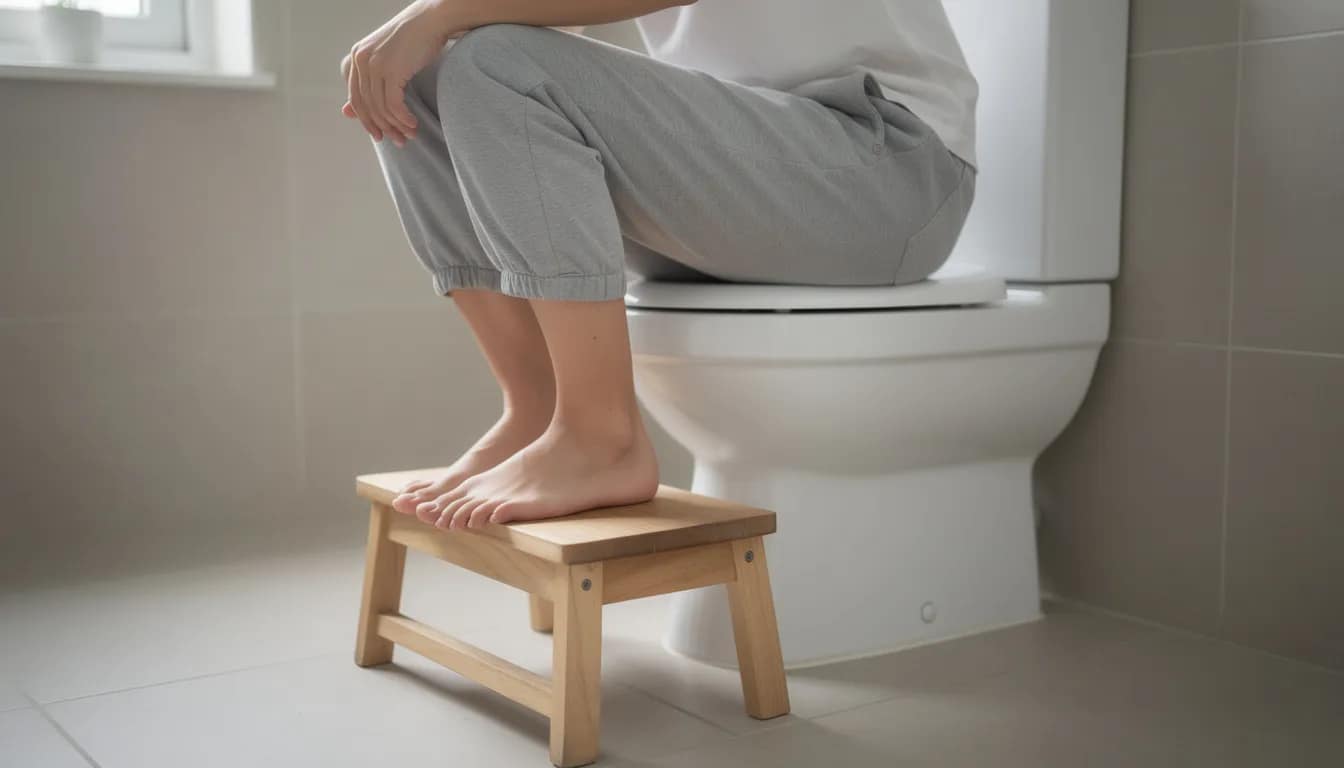 A person is sitting on a toilet with their feet elevated on a small wooden step stool, positioning their knees above hip level to encourage bowel movements. This squatting position can help relieve constipation and promote regular bowel movements by aiding the digestive system.