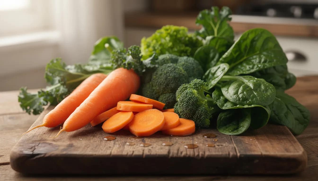 A vibrant assortment of fresh vegetables, including broccoli, carrots, and leafy greens, is neatly arranged on a wooden cutting board. These fiber-rich foods are beneficial for digestive health and can help alleviate gastrointestinal symptoms associated with conditions like irritable bowel syndrome (IBS) and other digestive diseases.