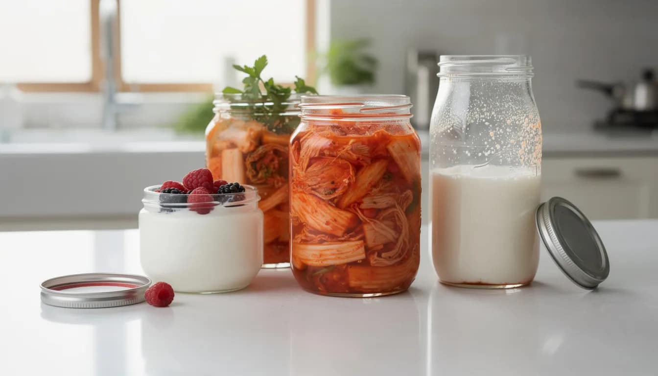 The image features an array of glass jars filled with various fermented foods, including yogurt, kimchi, and kefir, neatly arranged on a kitchen counter, highlighting their role in promoting gut health and aiding digestion. These foods are rich in probiotics, which support digestive health and can help alleviate symptoms associated with irritable bowel syndrome (IBS).