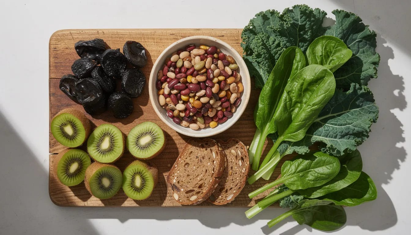 A colorful assortment of high fiber foods, including prunes, kiwis, beans, whole grain bread, and leafy greens, is beautifully arranged on a wooden cutting board, showcasing effective natural remedies to relieve constipation and encourage regular bowel movements. This vibrant spread emphasizes the importance of increasing fiber intake for a healthy digestive system.