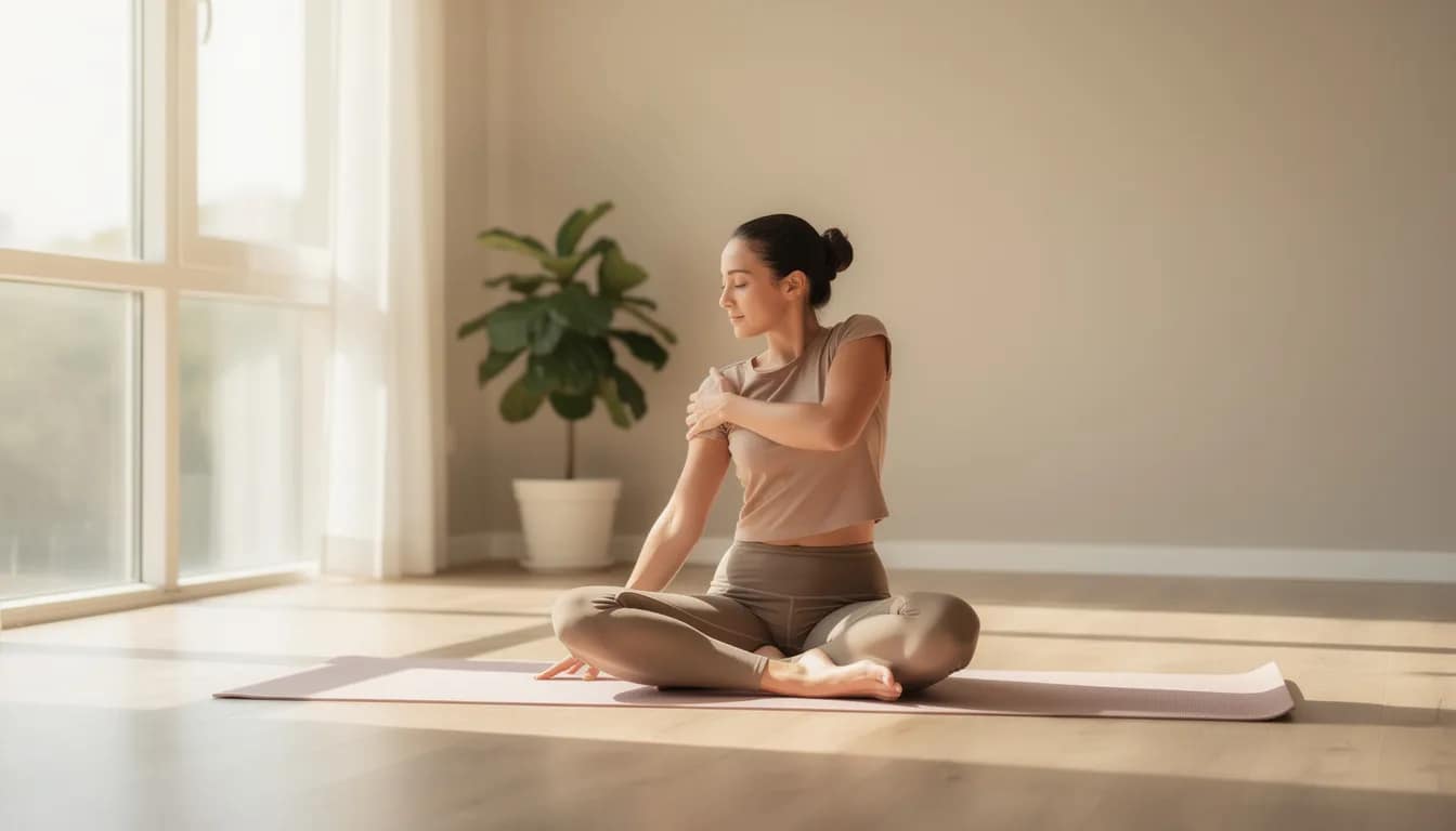 A person is practicing a gentle seated twist on a yoga mat in a bright, peaceful room, which can help improve digestion and stimulate blood flow to the digestive organs. The individual sits with their torso upright, gently twisting to one side, promoting relaxation and alleviating discomfort in the abdominal muscles.
