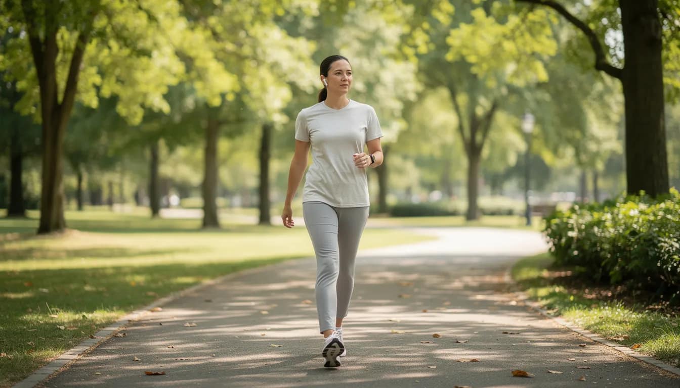 A person is walking along a serene, tree-lined path, dressed in comfortable athletic clothing, promoting physical activity that can help relieve constipation and encourage regular bowel movements. The outdoor setting provides a peaceful atmosphere, ideal for breathing deeply and enhancing digestive health.