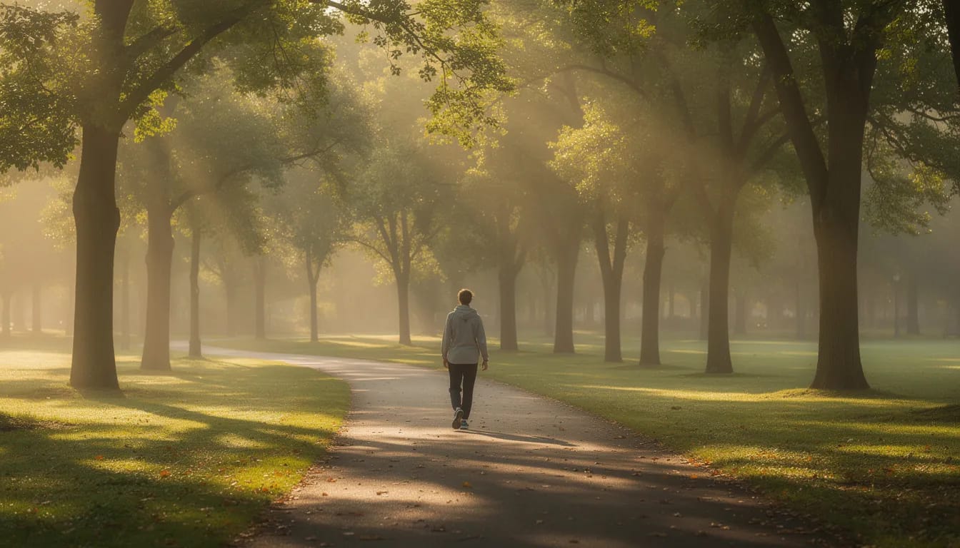 A person is enjoying a morning walk along a tree-lined path, bathed in soft sunlight, which creates a serene atmosphere perfect for relaxation and mindfulness. This peaceful morning routine can help stimulate digestion and promote gut health, encouraging regular bowel movements and overall wellness.
