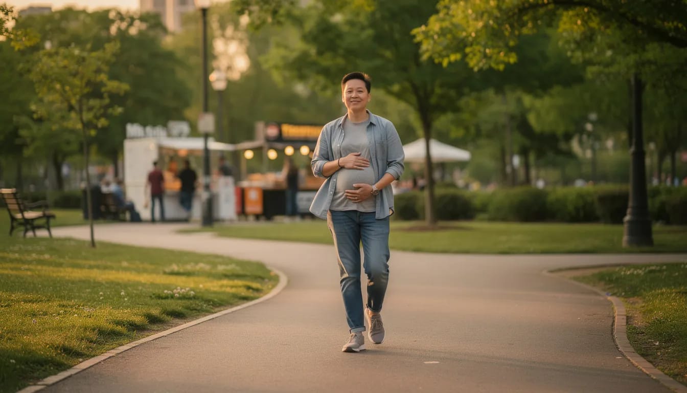 A person is taking a relaxed walk in a park after a meal, enjoying the fresh air, which can aid digestion and promote good gut health. This leisurely activity can help support the digestive system and may alleviate symptoms related to digestive problems.