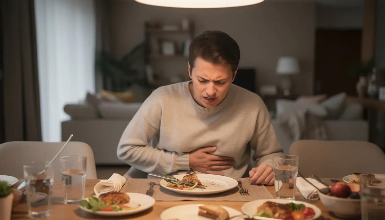 A person is seated at a dining table, appearing uncomfortable and holding their stomach, which suggests they may be experiencing digestive symptoms related to irritable bowel syndrome or other gastrointestinal disorders. The scene highlights the impact of certain foods, such as processed foods and spicy foods, on digestive health.