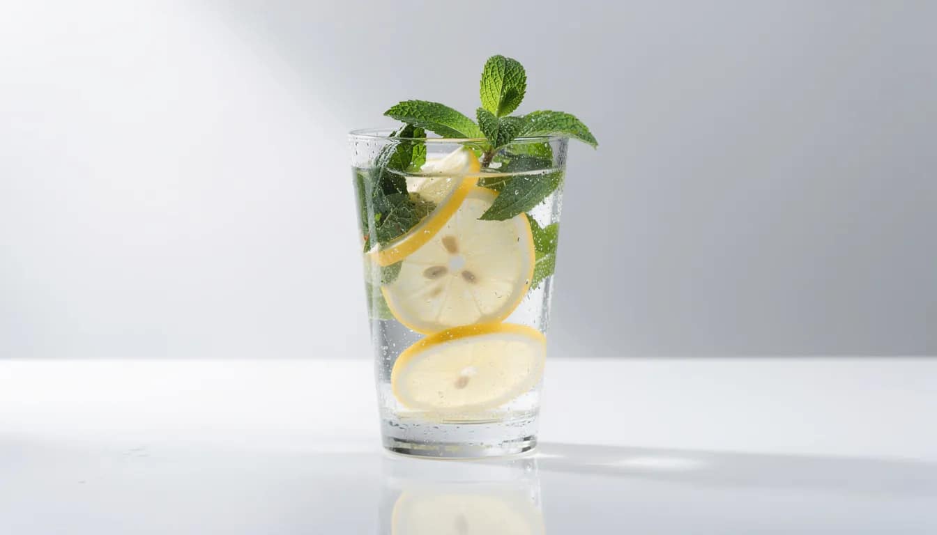 A clear glass of water is garnished with fresh lemon slices and mint leaves, creating a refreshing drink that can support digestive health. This beverage is a great choice for those looking to avoid gastrointestinal symptoms associated with certain foods, as it is hydrating and free from processed ingredients.