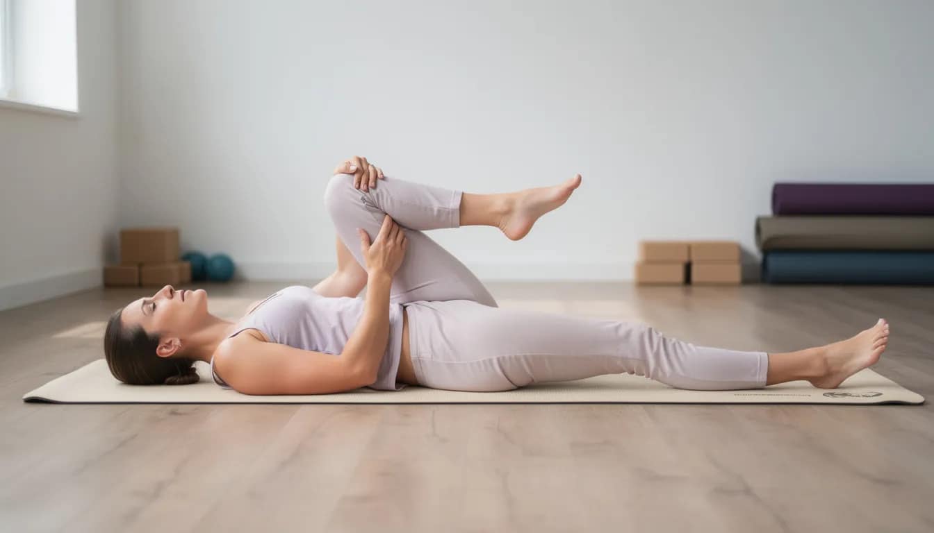 A person lies on a yoga mat, performing a gentle knee-to-chest stretch that helps relieve constipation and encourages regular bowel movements. With their shoulders flat and knees pulled towards their chest, this pose aids in alleviating digestive issues and promoting relaxation.