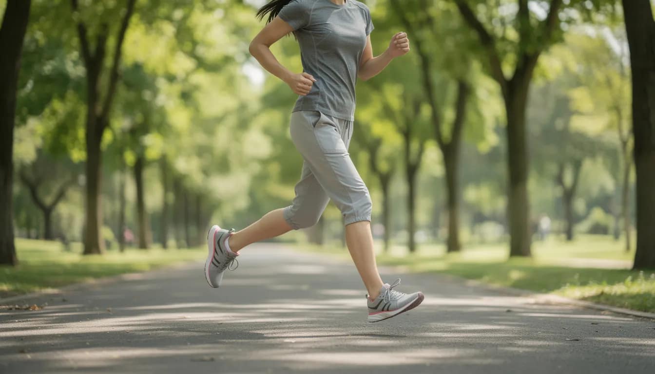 A person is walking briskly along a tree-lined path, dressed in comfortable athletic clothing, promoting physical activity which can help relieve constipation and encourage regular bowel movements. The serene environment suggests a natural remedy for digestive health, emphasizing the importance of staying active for a healthy digestive system.