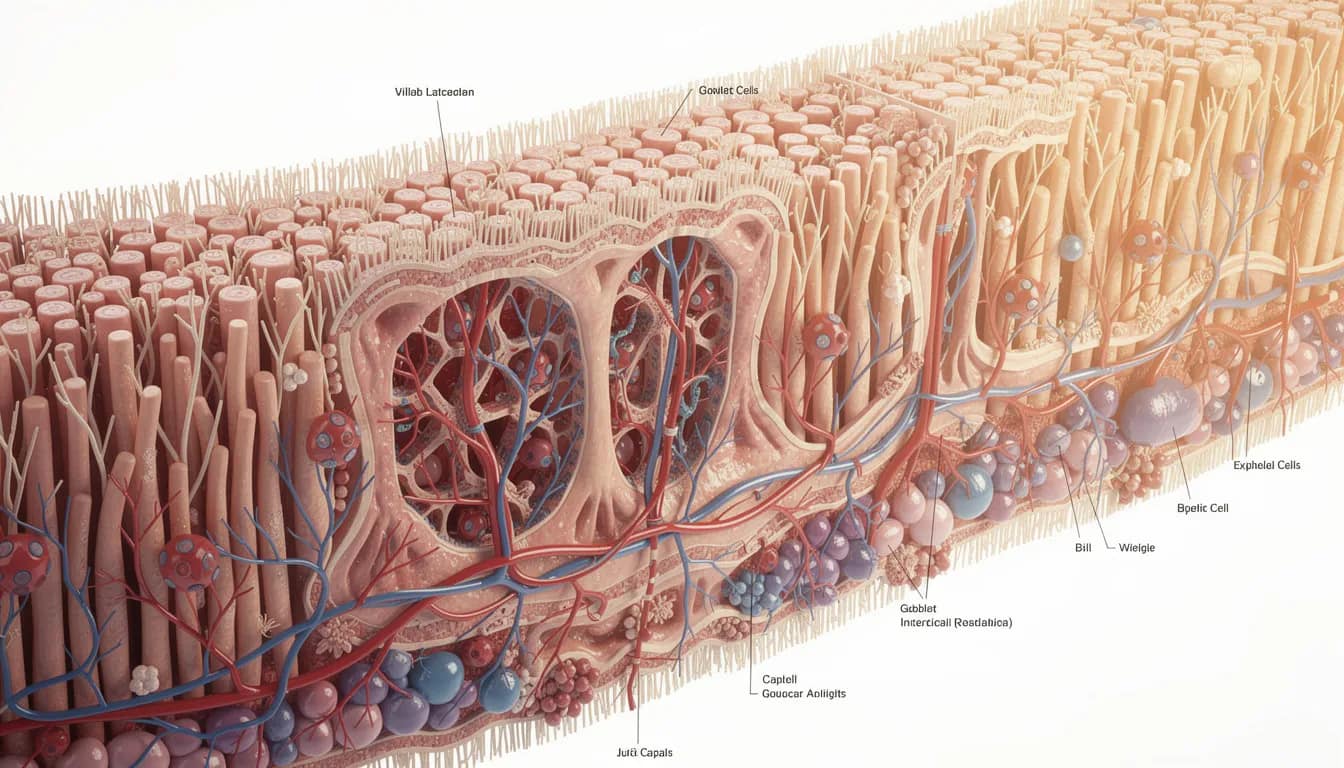 The image depicts a microscopic view of intestinal villi, showcasing their finger-like projections that enhance nutrient absorption, with visible blood vessels indicating the connection to the cardiovascular system. This structure plays a crucial role in the digestive process, facilitating the absorption of amino acids and fatty acids during chemical digestion in the small intestine.