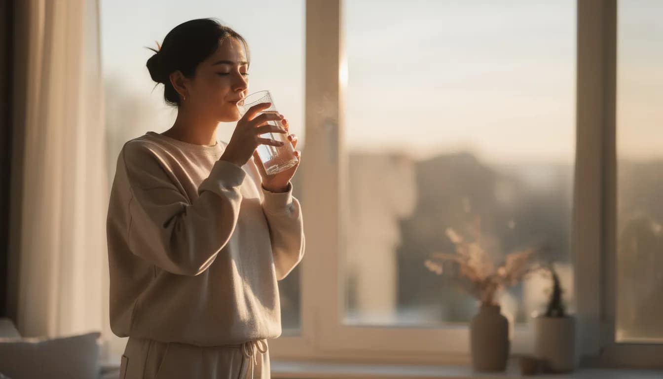 A person is enjoying a full glass of warm water bathed in soft morning light near a window, a part of their morning routine to support digestive health and ease constipation. This gentle ritual can help stimulate bowel movements and promote gut health, making it a soothing start to the day.