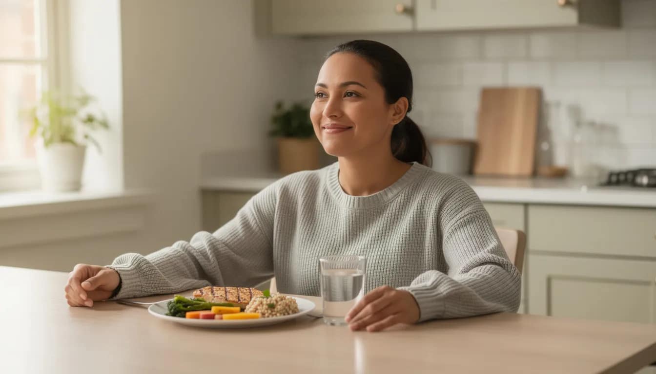 The image shows a relaxed person sitting at a kitchen table, enjoying a simple healthy meal that likely includes vegetables and lean meat, promoting good digestive health. Their content expression suggests they are mindful of their diet, which can aid digestion and support gut health.