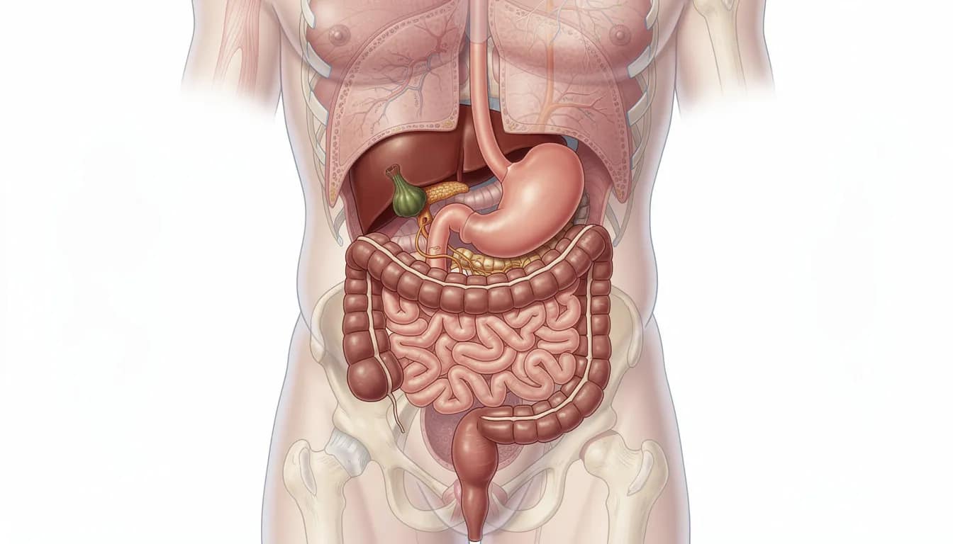 This anatomical cross-section of a human torso displays the digestive system, prominently featuring the stomach, intestines, and liver. The image illustrates the complex process of digestion, where mechanical and chemical digestion occurs, breaking down food into smaller molecules such as amino acids and fatty acids for absorption.