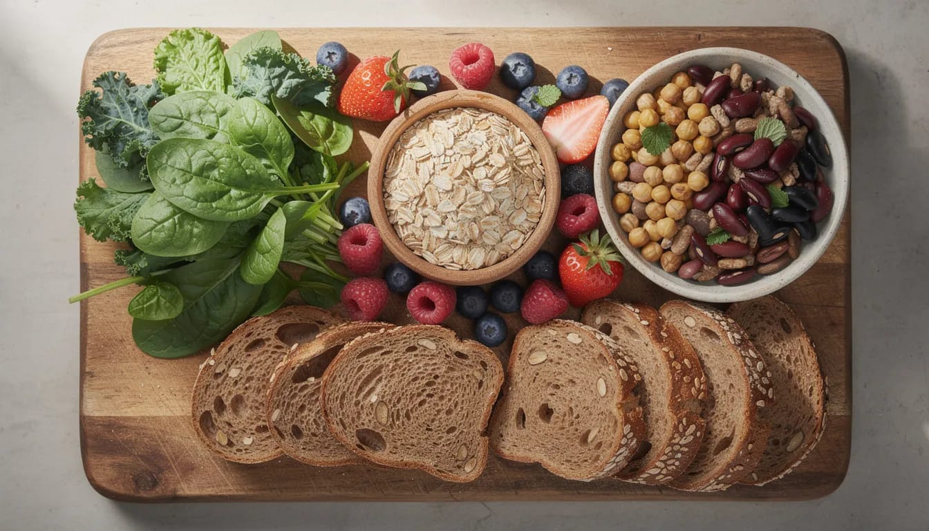 A vibrant assortment of fiber-rich foods is displayed on a wooden cutting board, featuring oats, fresh berries, leafy greens, beans, and whole grain bread, all of which support digestive health and aid digestion. These foods are essential for maintaining a high fiber diet, promoting good gut health, and improving overall digestive function.