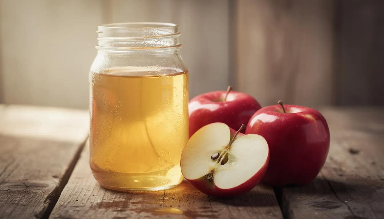 A glass jar of apple cider vinegar sits beside fresh red apples on a wooden surface, symbolizing a natural approach to improving digestive health and easing constipation. This image highlights the potential benefits of incorporating apple cider vinegar into your morning routine for better gut health.