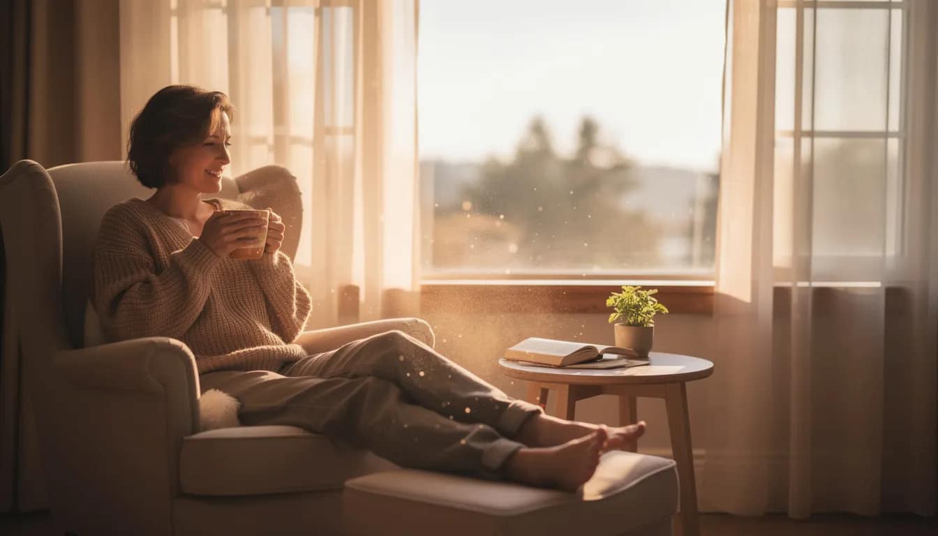 A person is sitting comfortably near a window, enjoying a warm mug of coffee in the soft morning light, which may help stimulate bowel movements and provide a sense of relaxation. The cozy atmosphere suggests a perfect moment for those seeking occasional constipation relief through natural remedies or dietary changes.