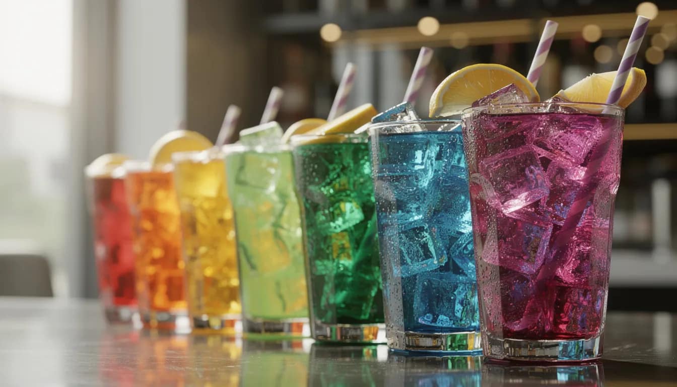The image features an assortment of colorful sodas and sugary beverages served in glasses filled with ice, showcasing vibrant hues that entice the taste buds. These carbonated drinks, often high in sugar and artificial sweeteners, may not be ideal for those with gastrointestinal disorders, as they can worsen digestive symptoms and affect gut health.