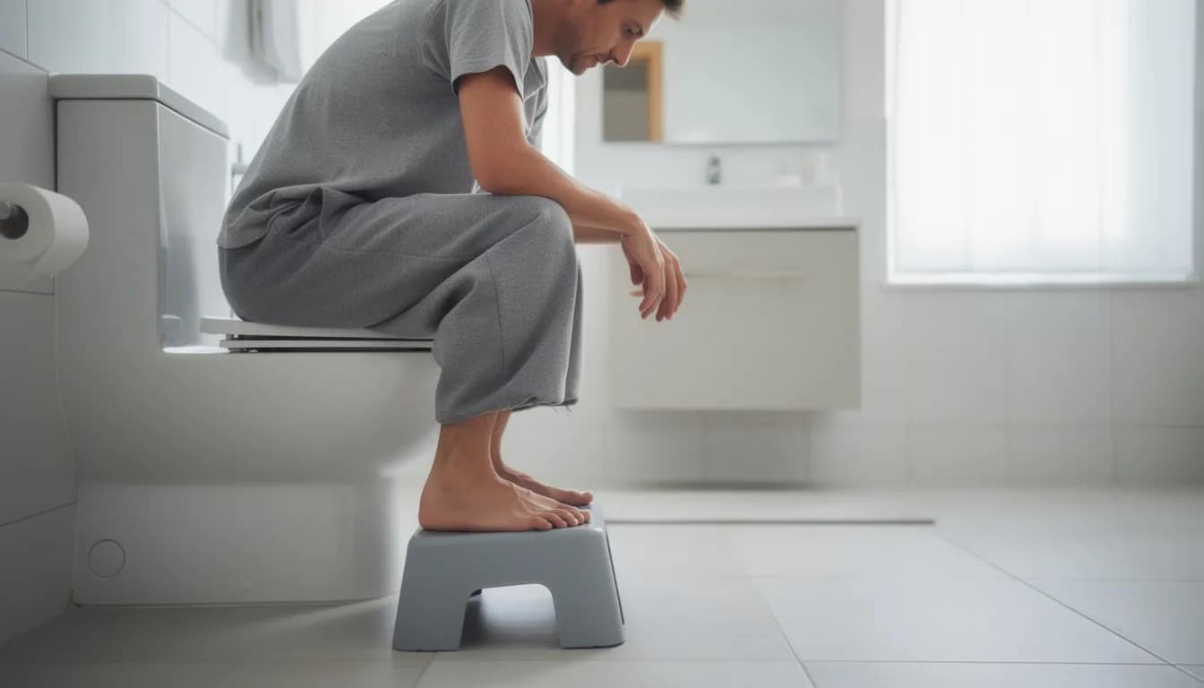 A person is sitting on a modern toilet with their feet elevated on a small stool, leaning slightly forward to help improve digestion and alleviate constipation. This position encourages better blood flow and may aid in regular bowel movements, similar to certain yoga poses that promote digestive health.